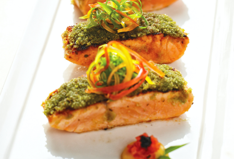 Dr. Uma's Salmon with Zucchini and Macadamia Pesto